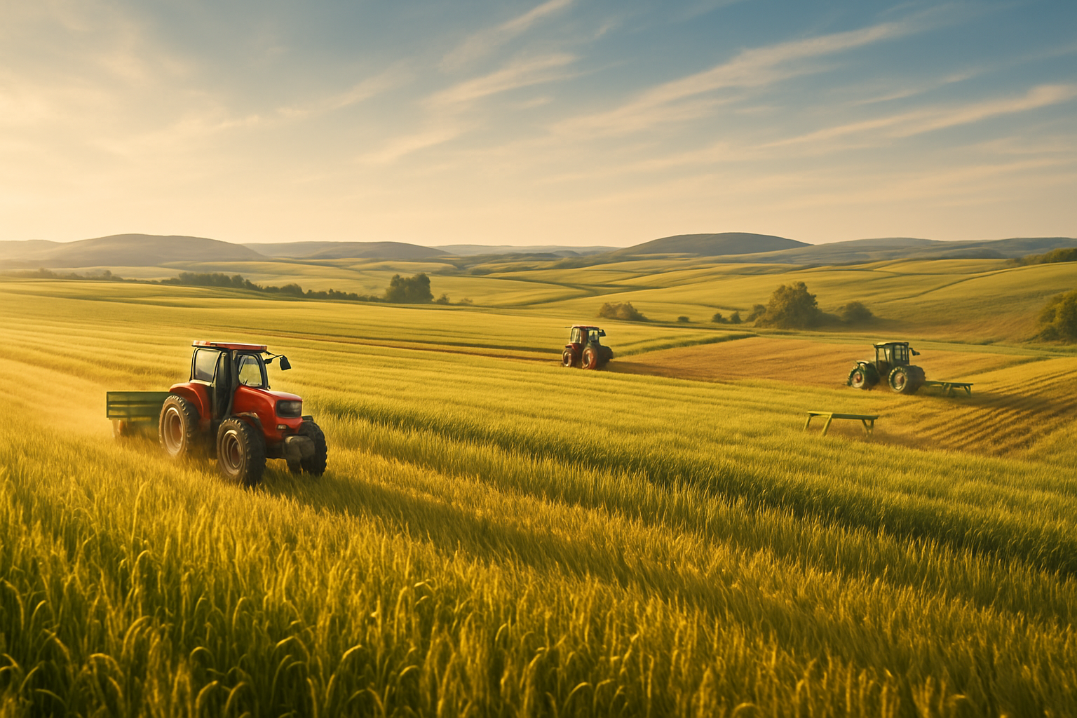Title of page is Farming a Dream. make a background for header that has farm fields and tractors 